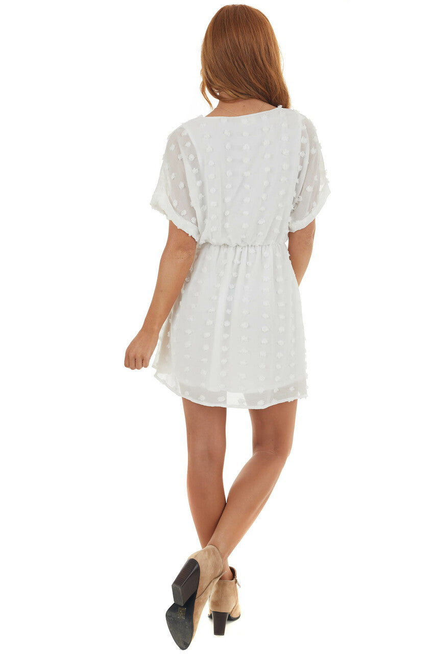 Off White Swiss Dot Surplice Neck Short Dress 
