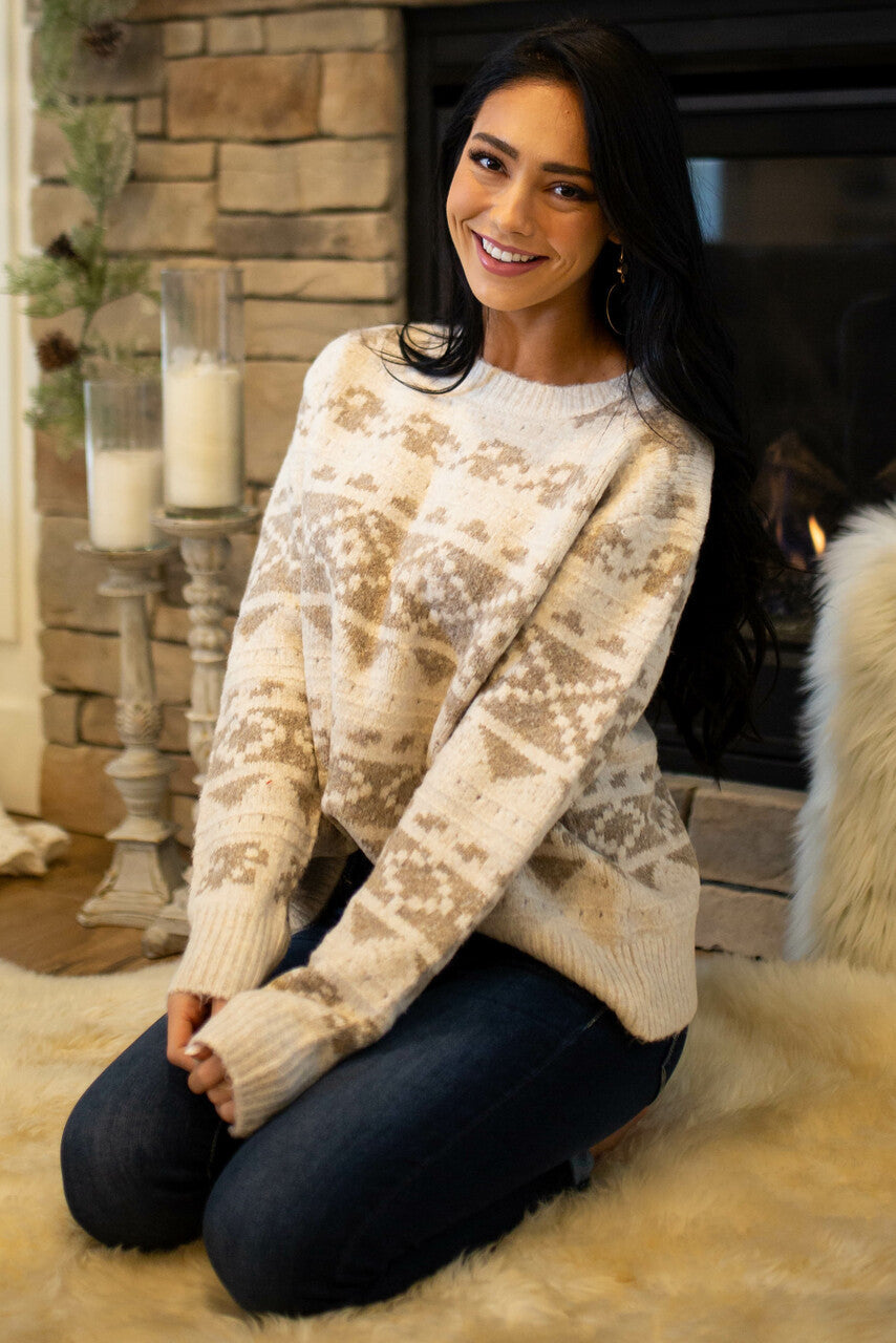 Champagne Printed Soft Brushed Knit Sweater 