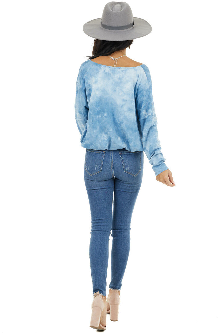 Powder Blue Tie Dye Long Sleeve Top with Elastic Hemline