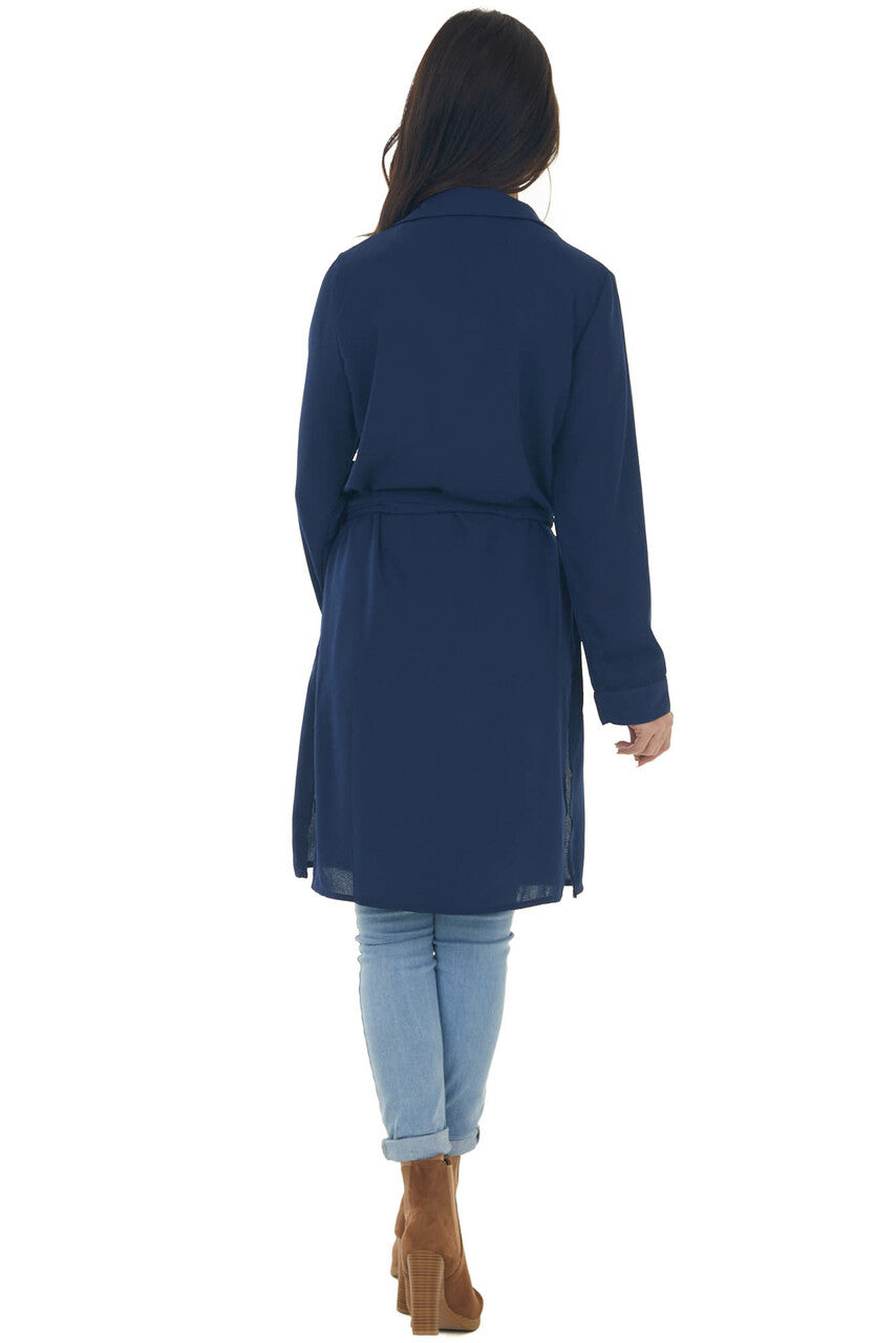 Navy Floral Embroidered Open Midi Jacket 