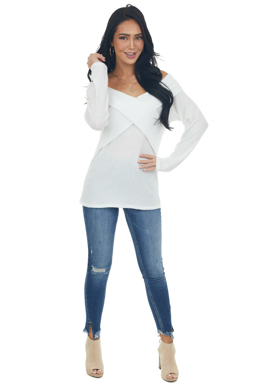 Ivory Criss Cross Brushed Waffle Knit Top