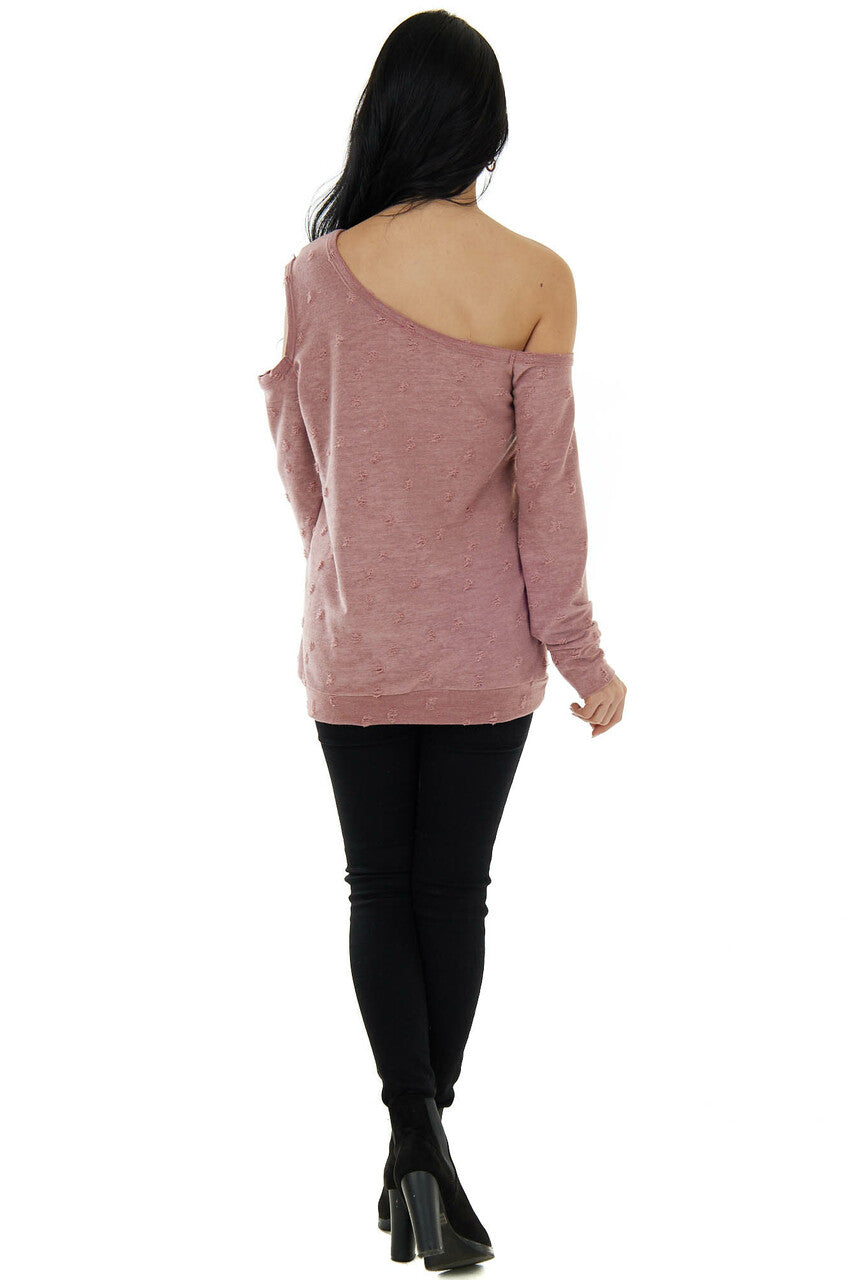Marsala Distressed Terry Knit Cold Shoulder Top