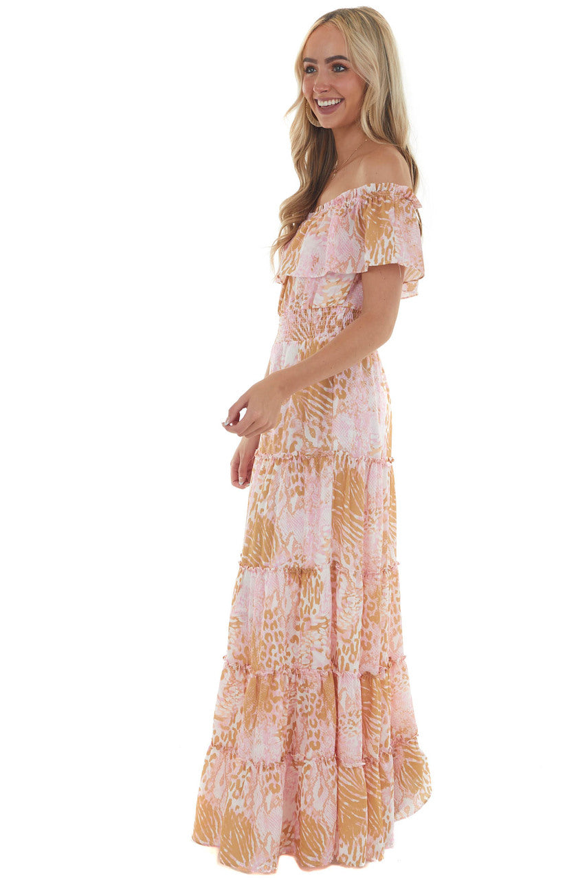 Baby Pink Animal Print Off Shoulder Maxi Dress 