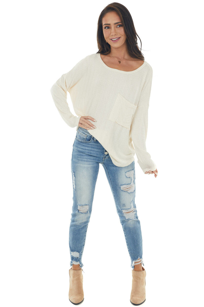 Champagne Textured Knit Top with Chest Pocket