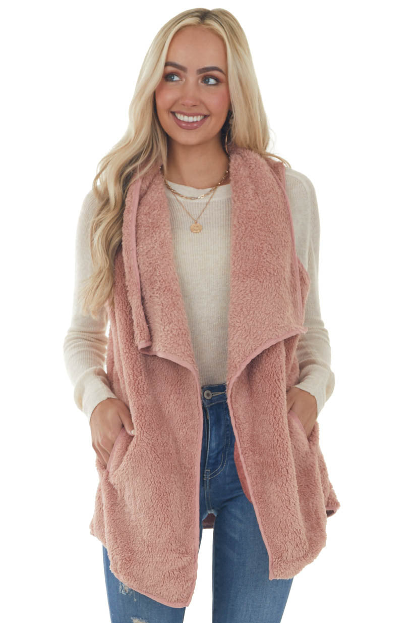 Dusty Punch Fuzzy Open Front Vest with Pockets