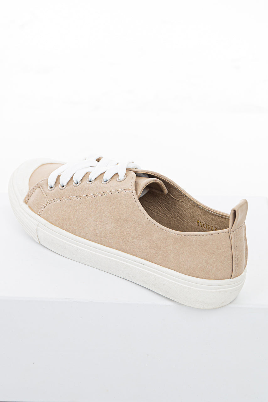 Beige Faux Leather Sneakers with White Laces and Rubber Sole