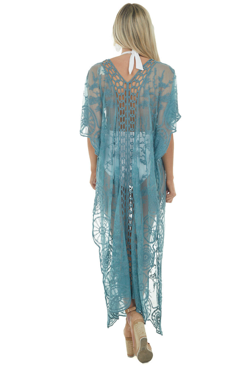 Sea Blue Crochet Detail Side Slit Mesh Cover Up