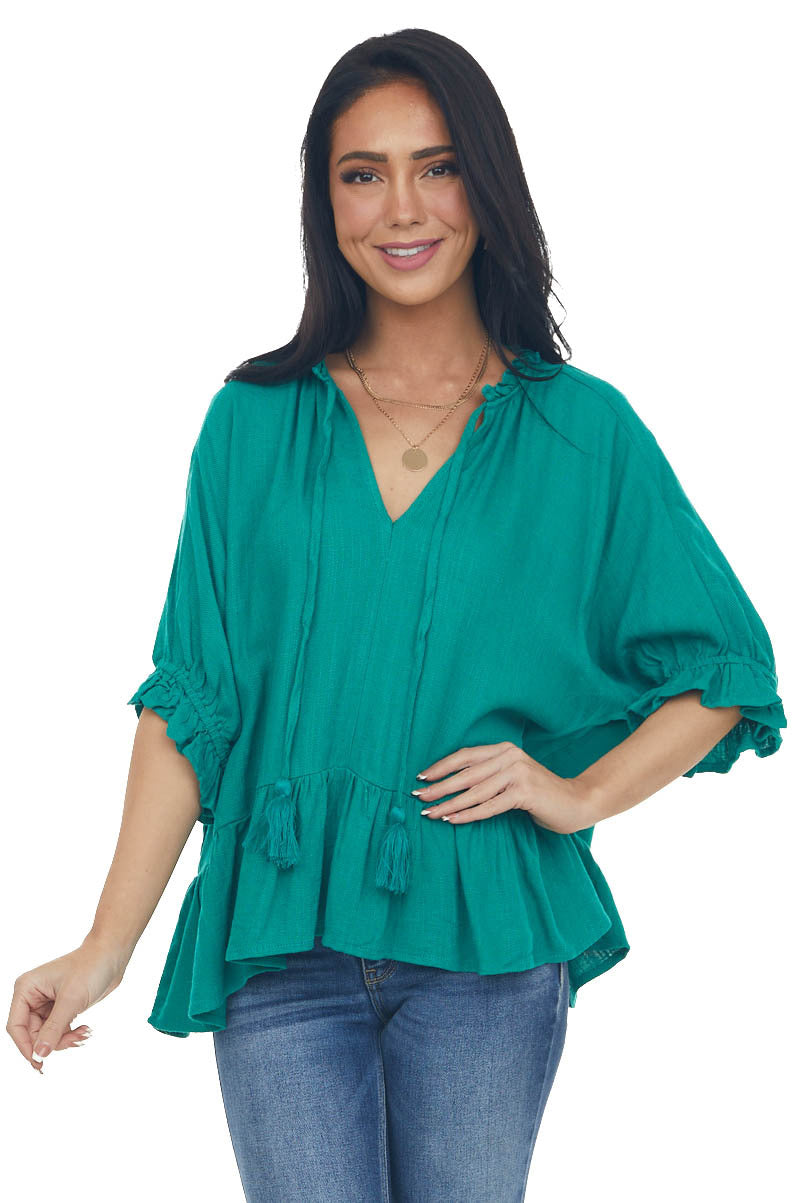 Kelly Green Textured Blouse with Ruffle Details and Neck Tie 