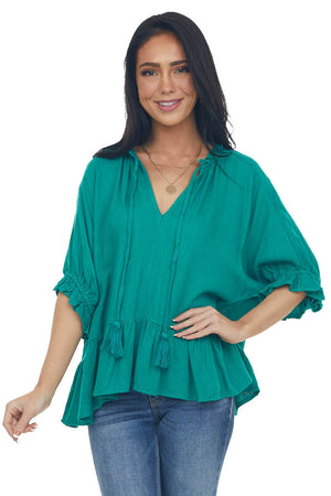 Kelly Green Textured Blouse with Ruffle Details and Neck Tie 