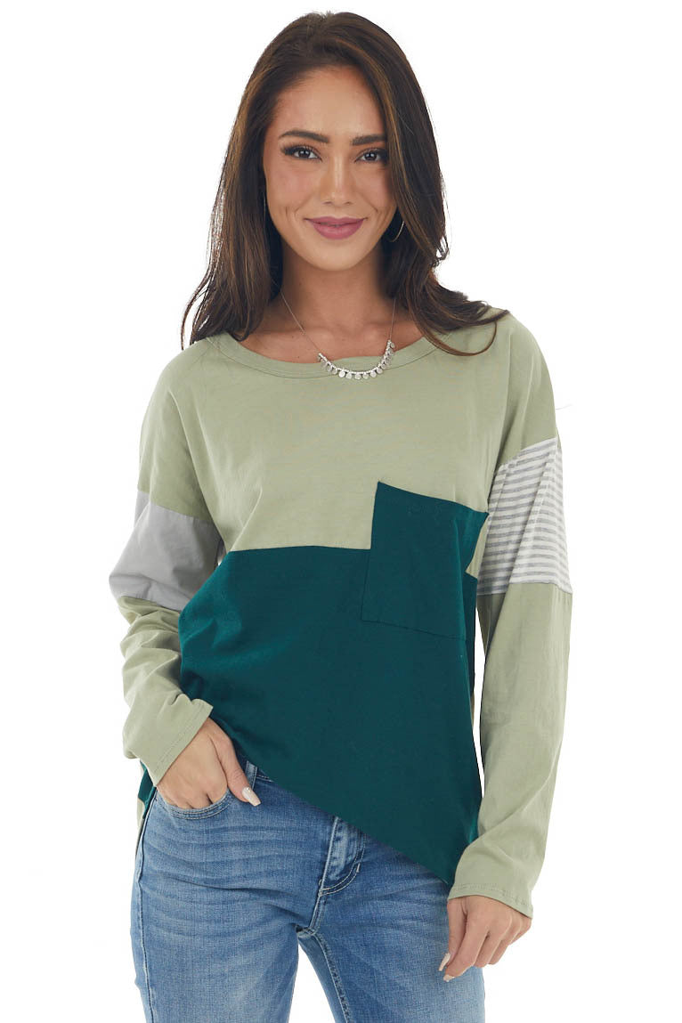 Green Colorblock Knit Top with Chest Pocket