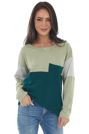 Green Colorblock Knit Top with Chest Pocket