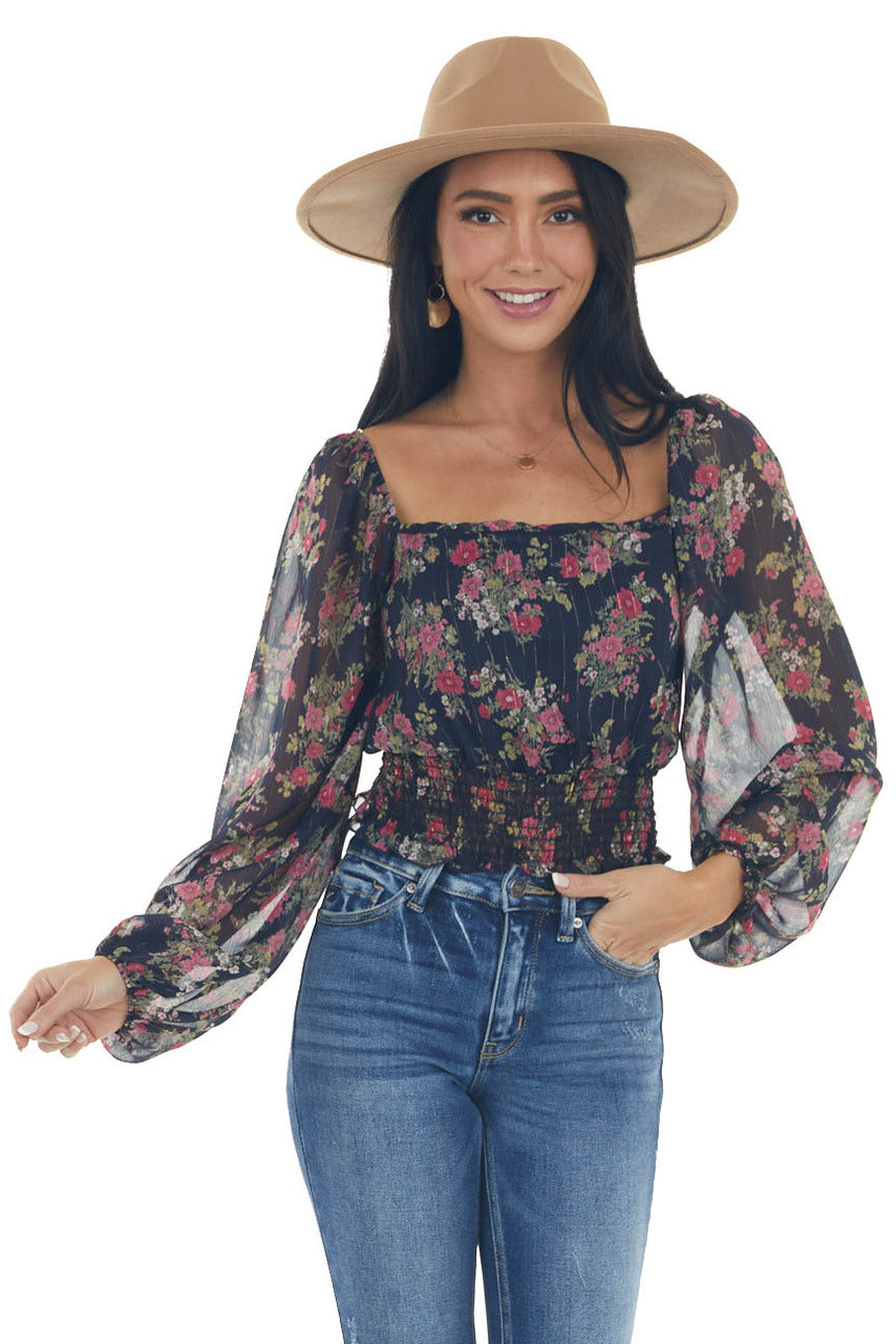 Dark Navy Floral Sheer Bubble Sleeve Crop Top