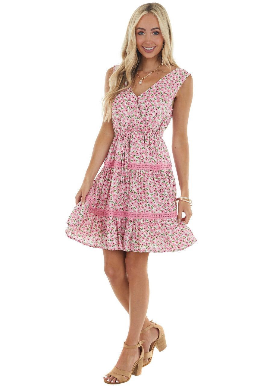 Carnation Floral and Lace Surplice Woven Dress