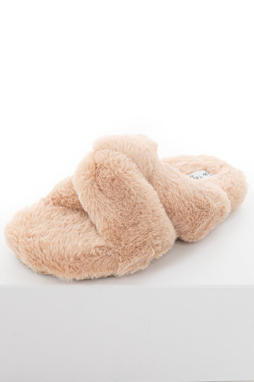 Desert Sand Fuzzy Sandal Slippers with Criss Cross Details