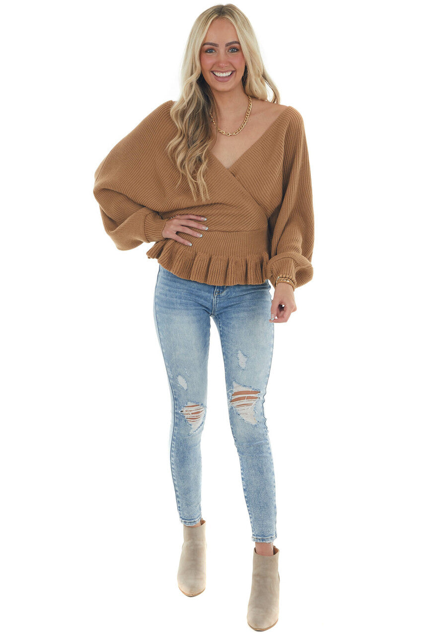 Brown Sugar Surplice Neckline Peplum Sweater 