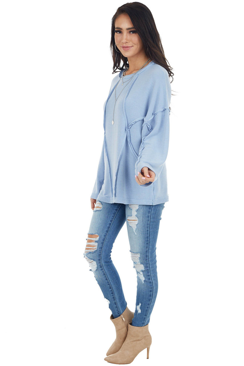 Powder Blue French Terry Knit Top with Raw Edge Details