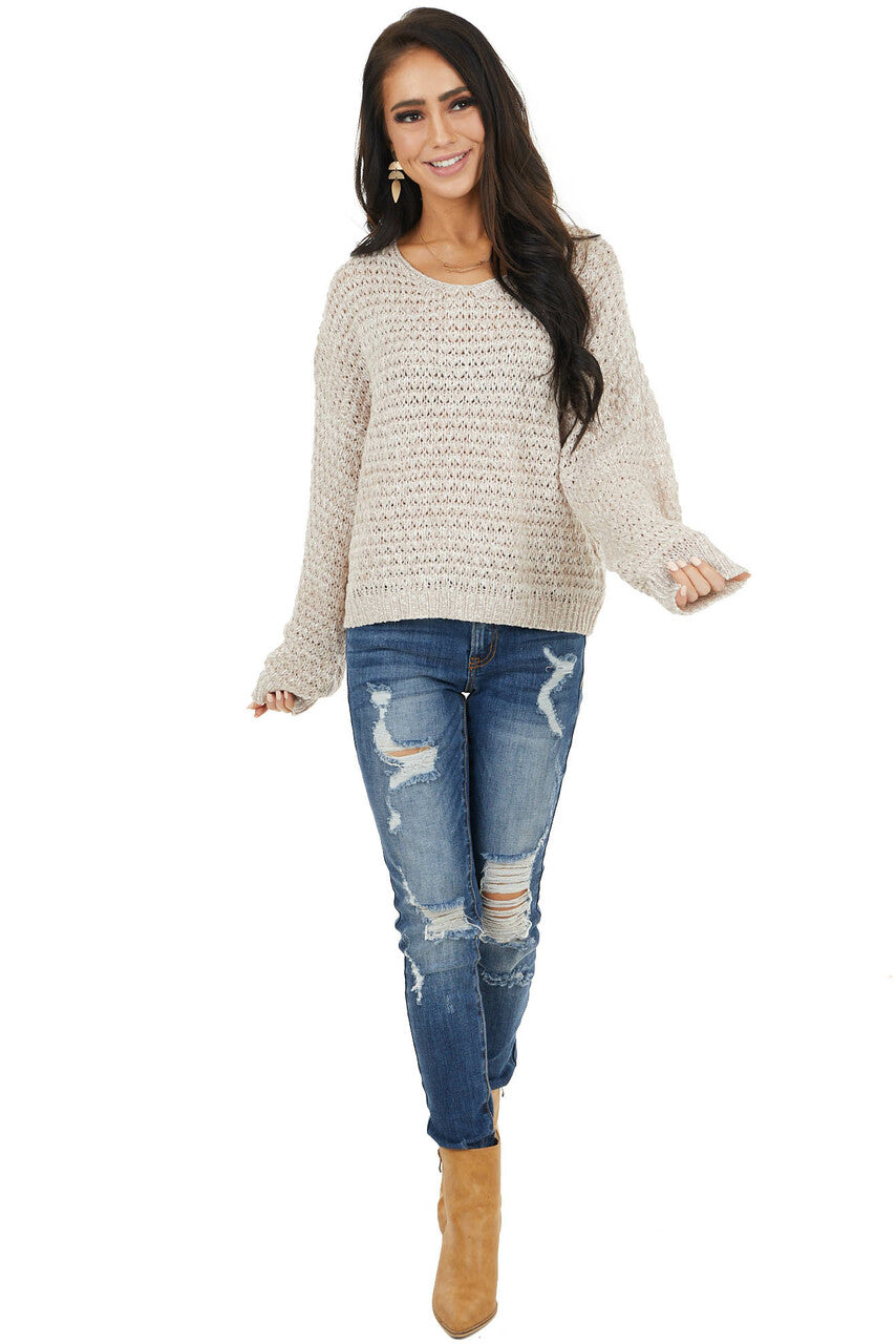 Dusty Rose Two Tone Loose Knit Sweater with Bubble Sleeves