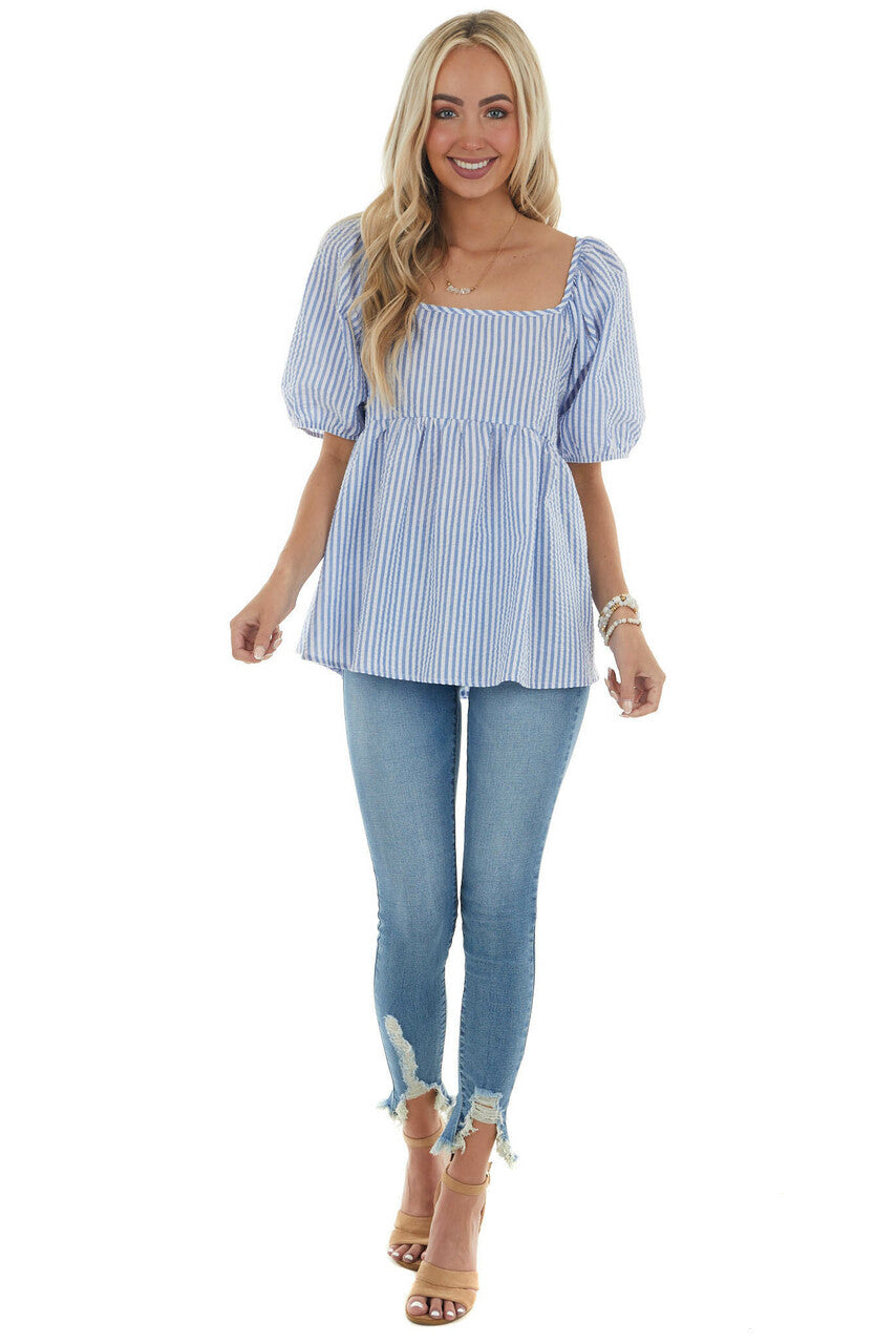 Cornflower Striped Puff Sleeve Babydoll Blouse