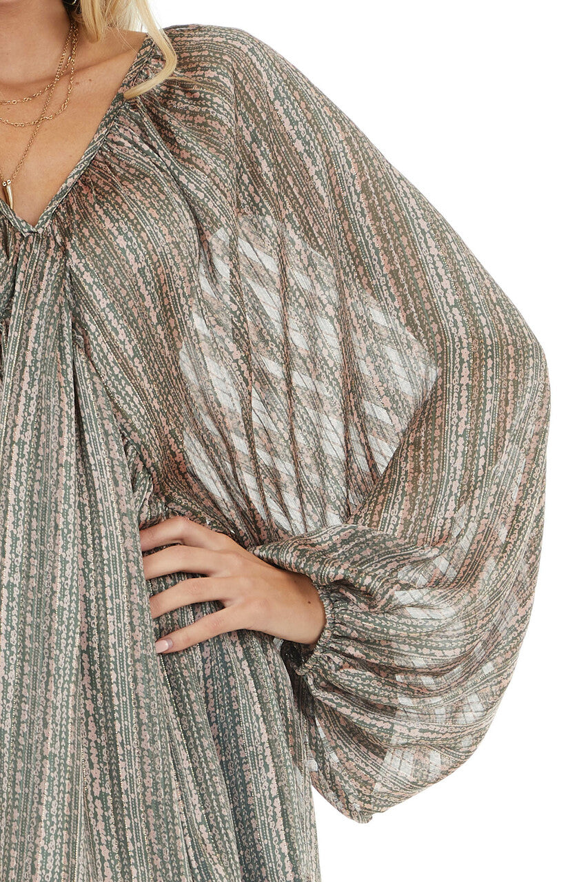 Forest Green Floral Print Long Puff Sleeve Babydoll Top