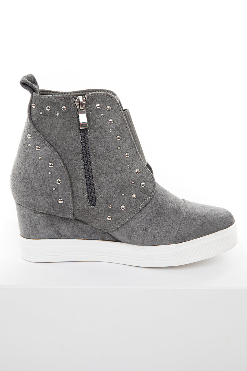 Ash Grey Faux Suede Wedge Sneakers with Silver Stud Details