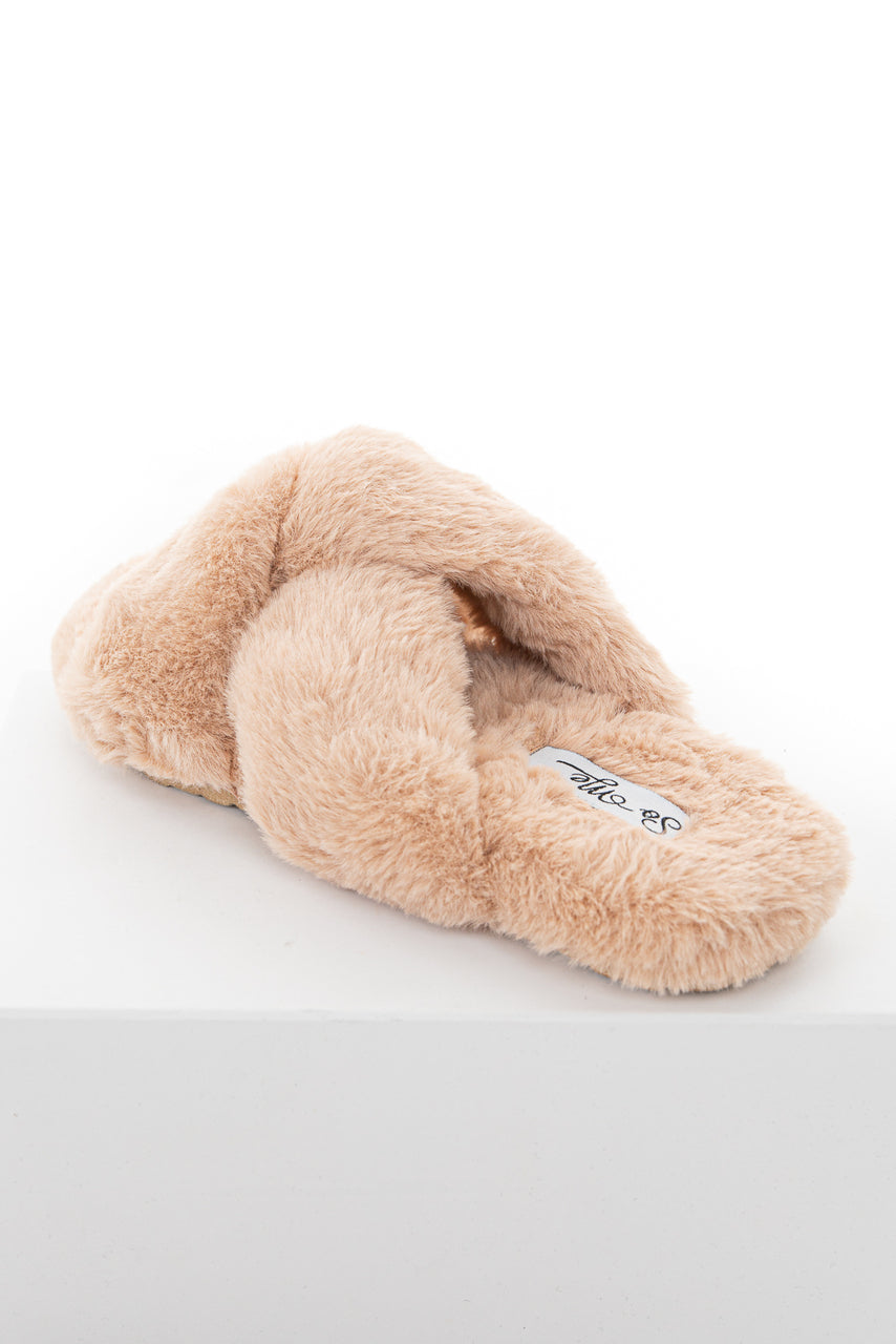 Desert Sand Fuzzy Sandal Slippers with Criss Cross Details