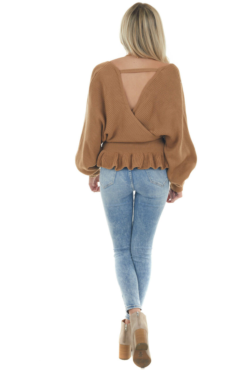 Brown Sugar Surplice Neckline Peplum Sweater 