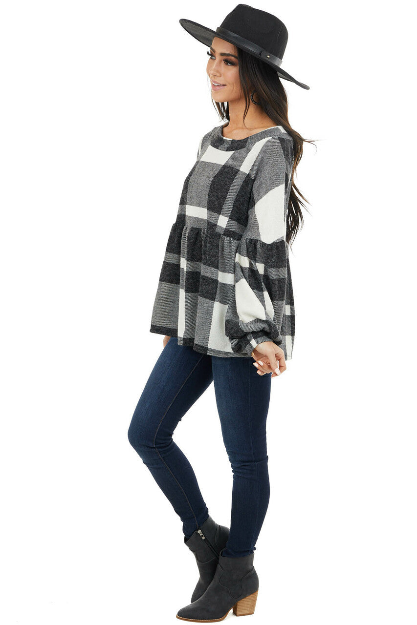 Ivory Fuzzy Buffalo Plaid Babydoll Top with Balloon Sleeves 