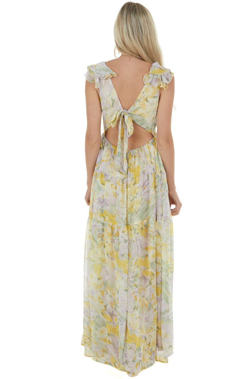 Pastel Yellow Floral Open Back Maxi Dress