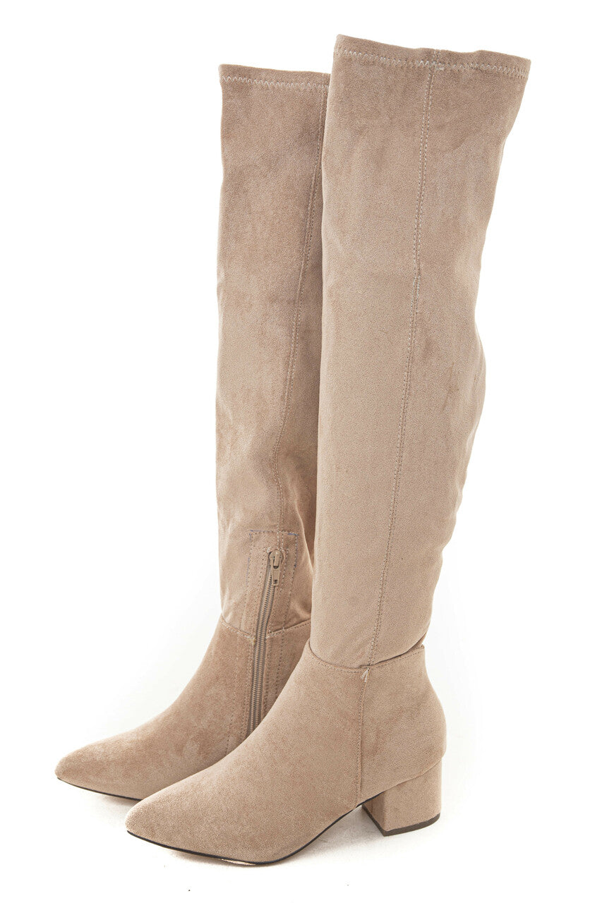 Champagne Faux Suede Knee High Chunky Heel Boots