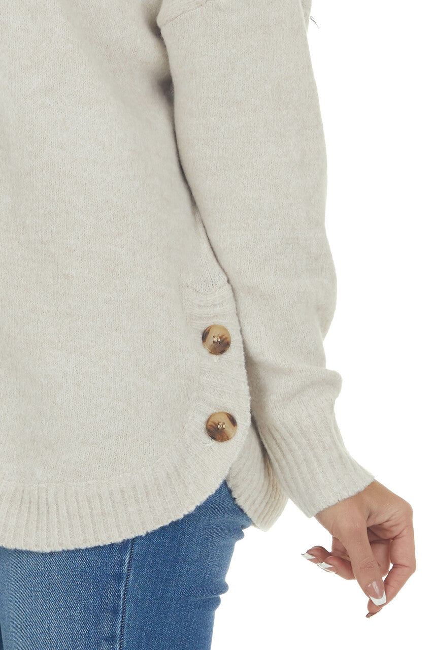 Oatmeal Crew Neck Button Detail Sweater Top