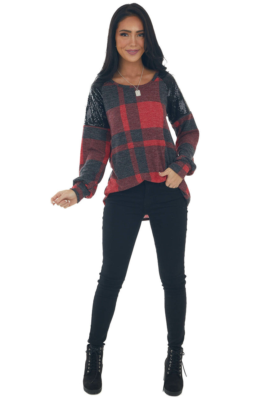 Pomegranate Plaid Black Sequin Shoulder Top