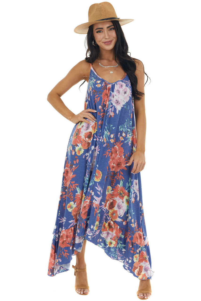 Sapphire Floral Sleeveless Maxi Dress with Rounded V Neck 