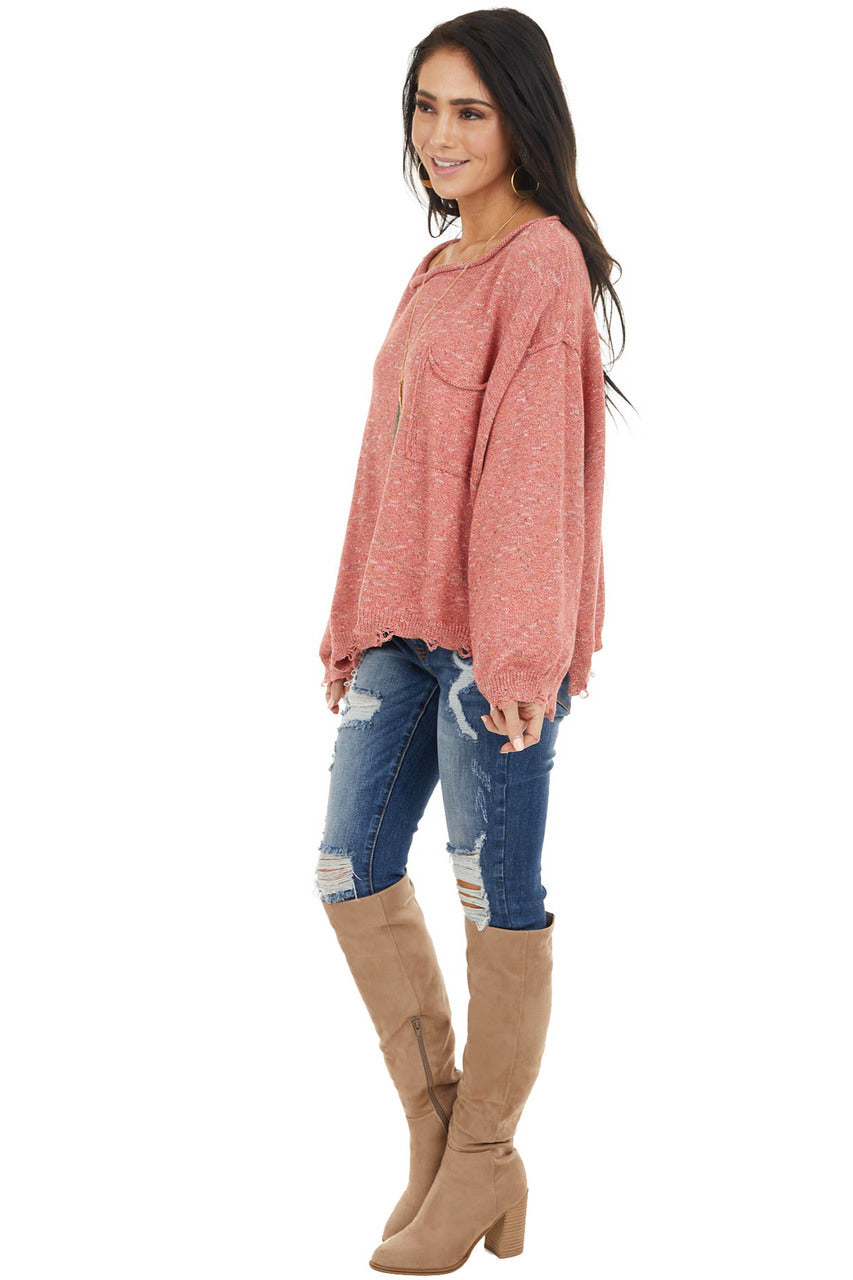Faded Red Multicolor Long Sleeve Distressed Sweater