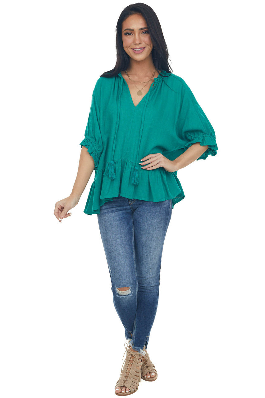 Kelly Green Textured Blouse with Ruffle Details and Neck Tie 
