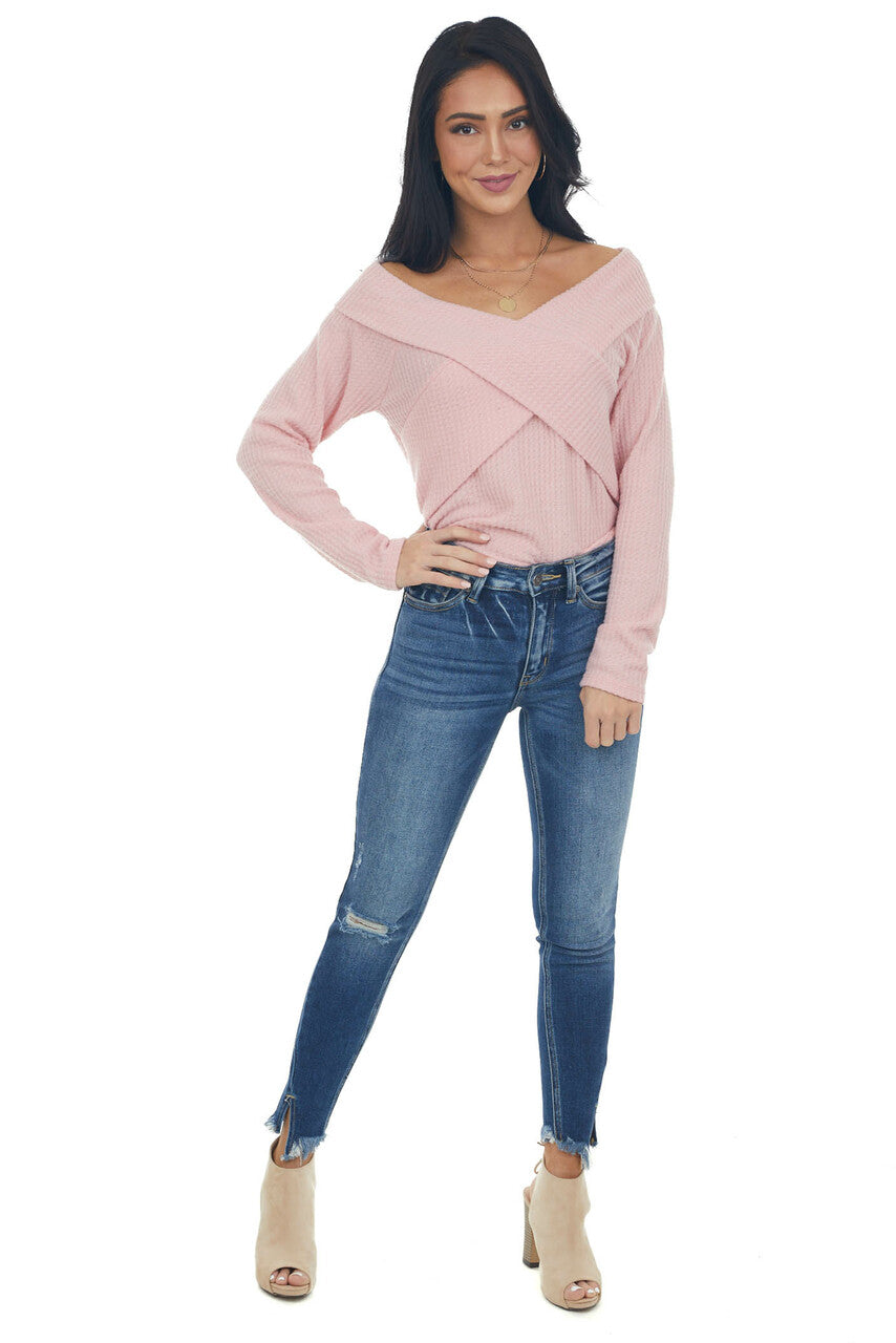 Bubblegum Criss Cross Brushed Waffle Knit Top
