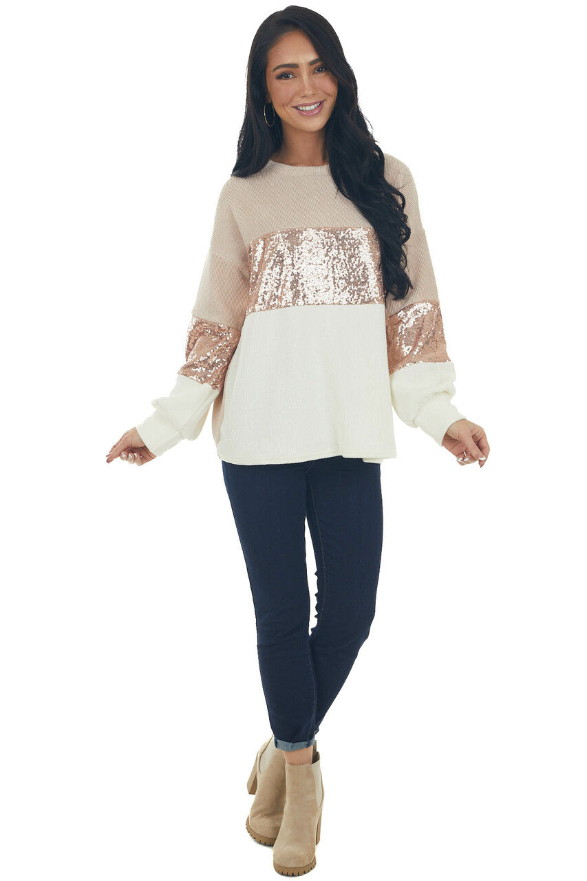 Apricot and Ivory Colorblock Sequined Top 