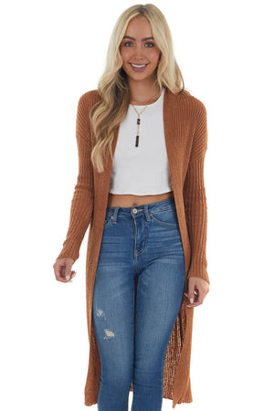 Cognac Open Front Duster Cardigan with Tie