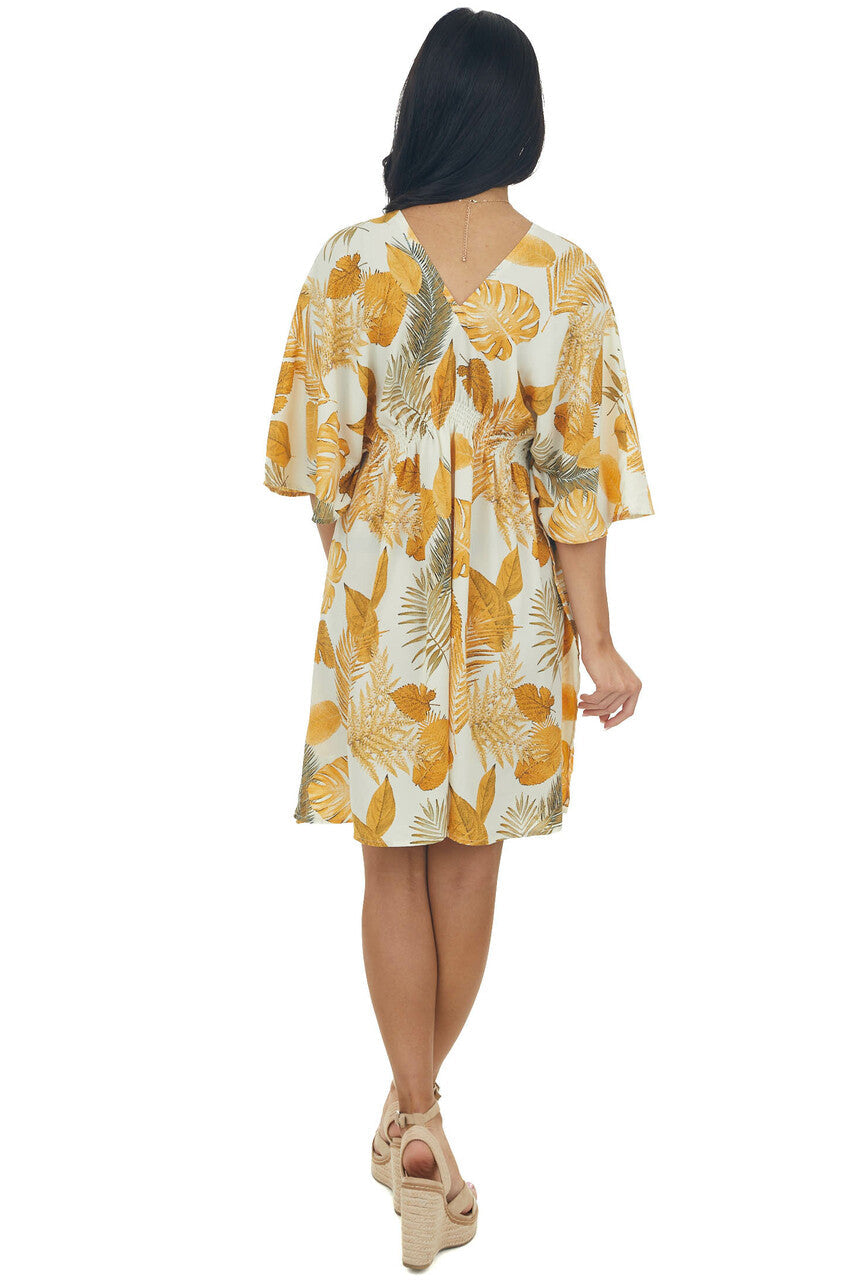 Ivory and Amber Leaf Print Half Sleeve Dress