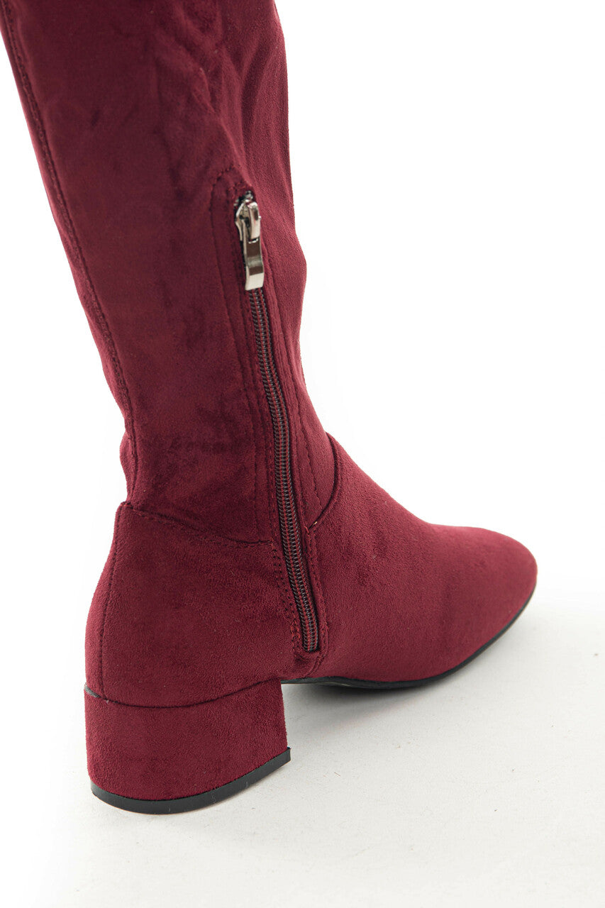 Wine Faux Suede Boots with Back Lace Up Detail 