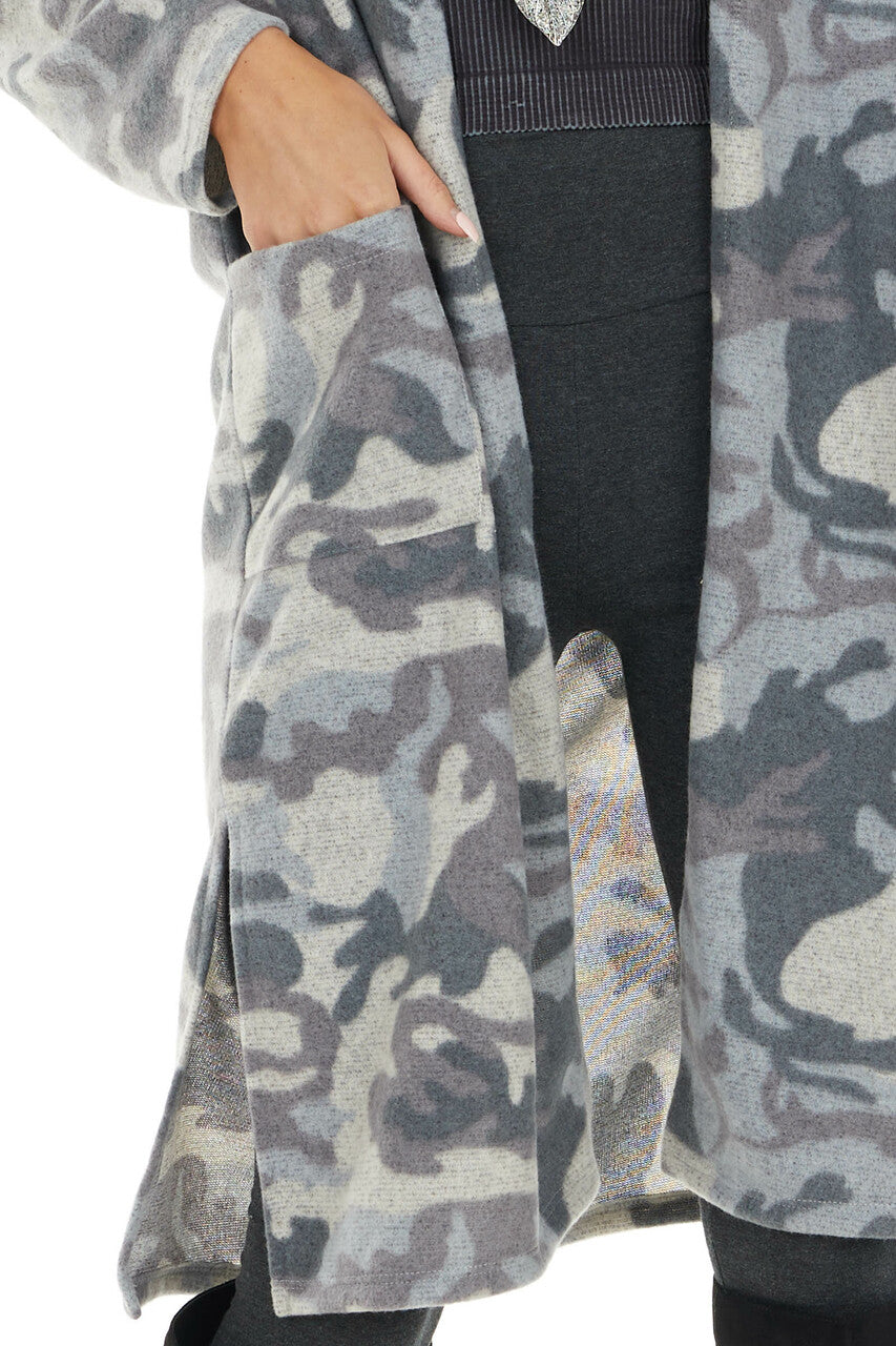 Powder Blue Camo Print Long Sleeve Cardigan with Pockets