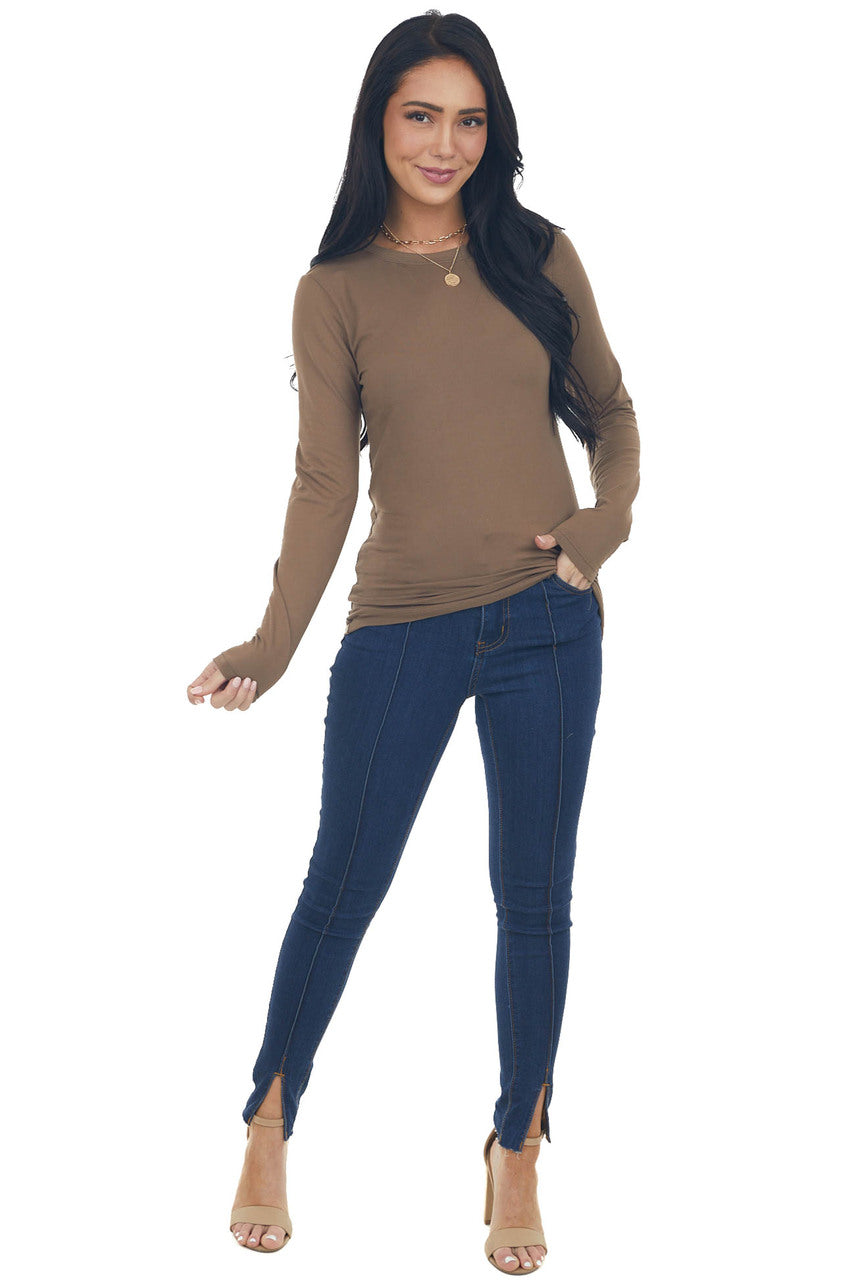 Coffee Solid Soft Knit Top with Long Sleeves