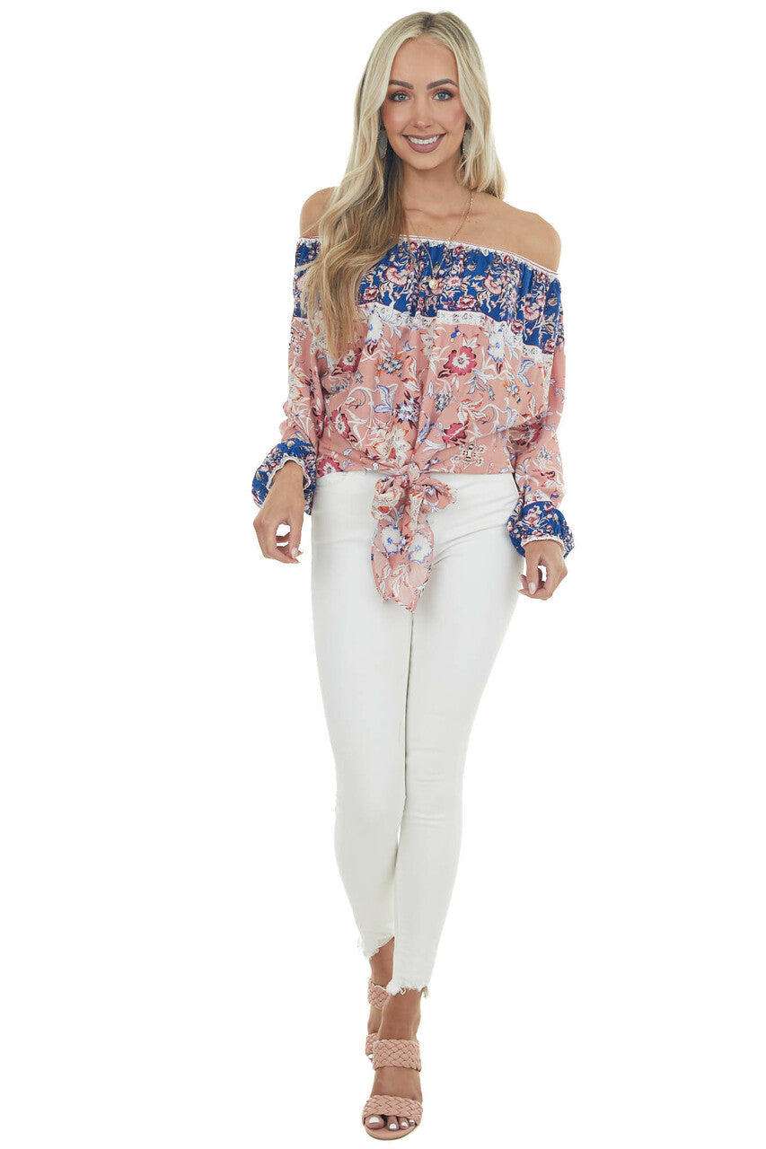 Coral Floral Print Long Bubble Sleeve Off Shoulder Woven Top
