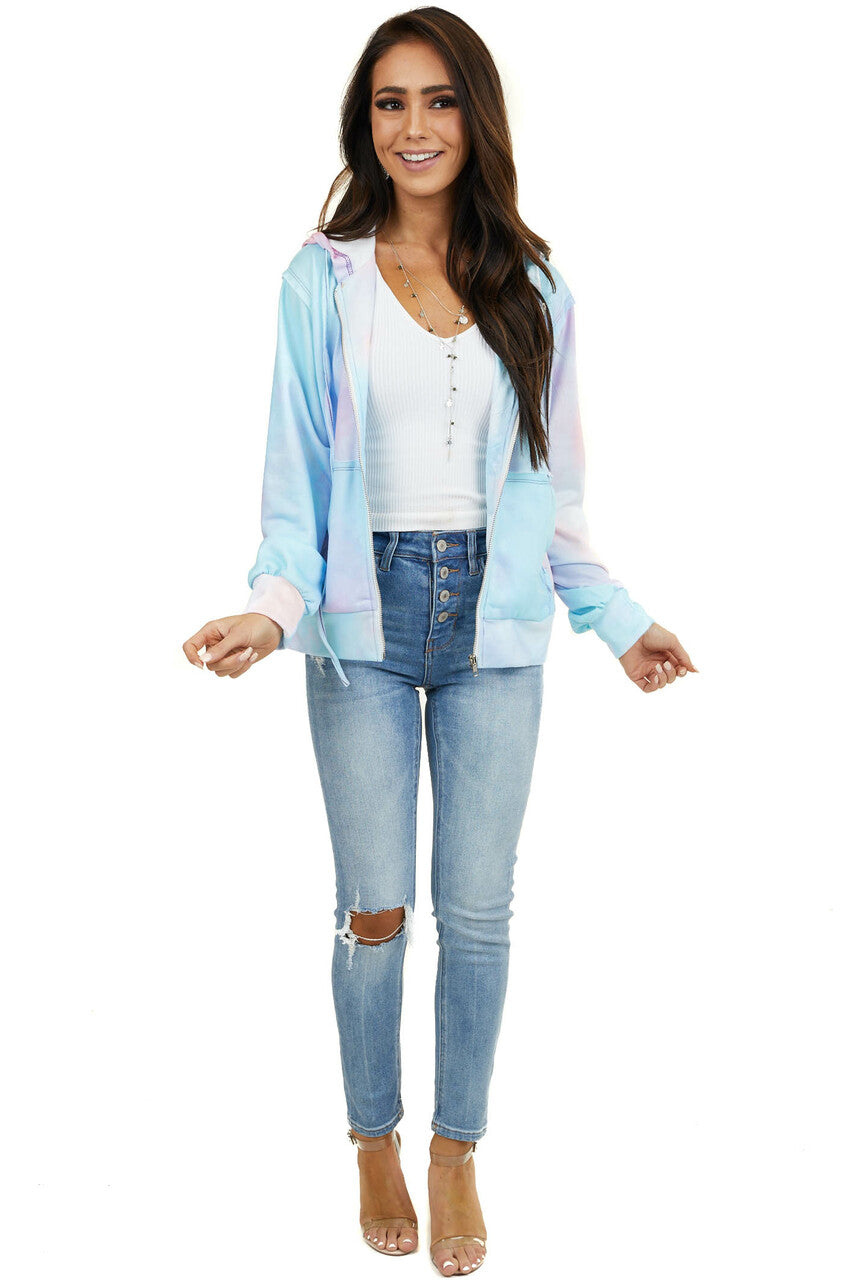Sky Blue Tie Dye Zip Up Front Hoodie with Drawstrings