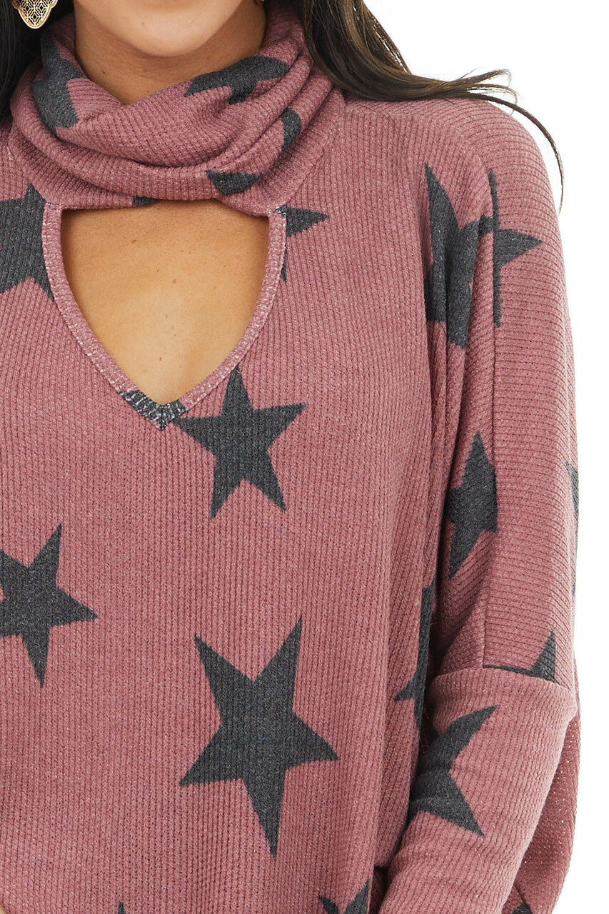 Light Wine Star Print Top with Cowl Neck and V Cutout Detail 