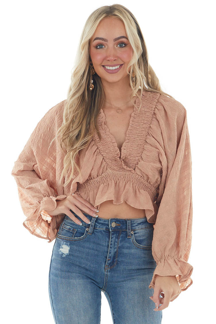 Desert Sand Plunging Neck Puff Sleeve Blouse