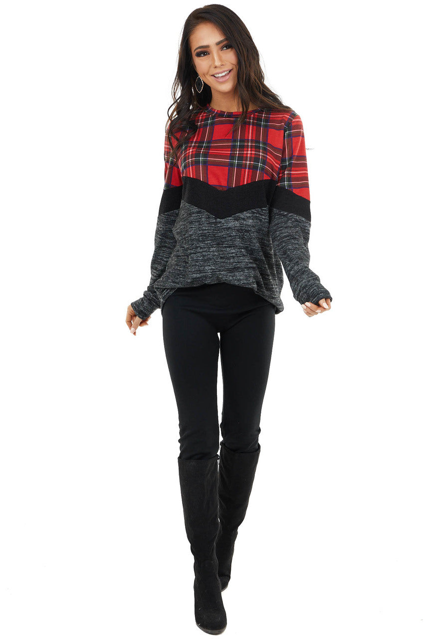 Lipstick Red Plaid and Colorblock Long Sleeve Top