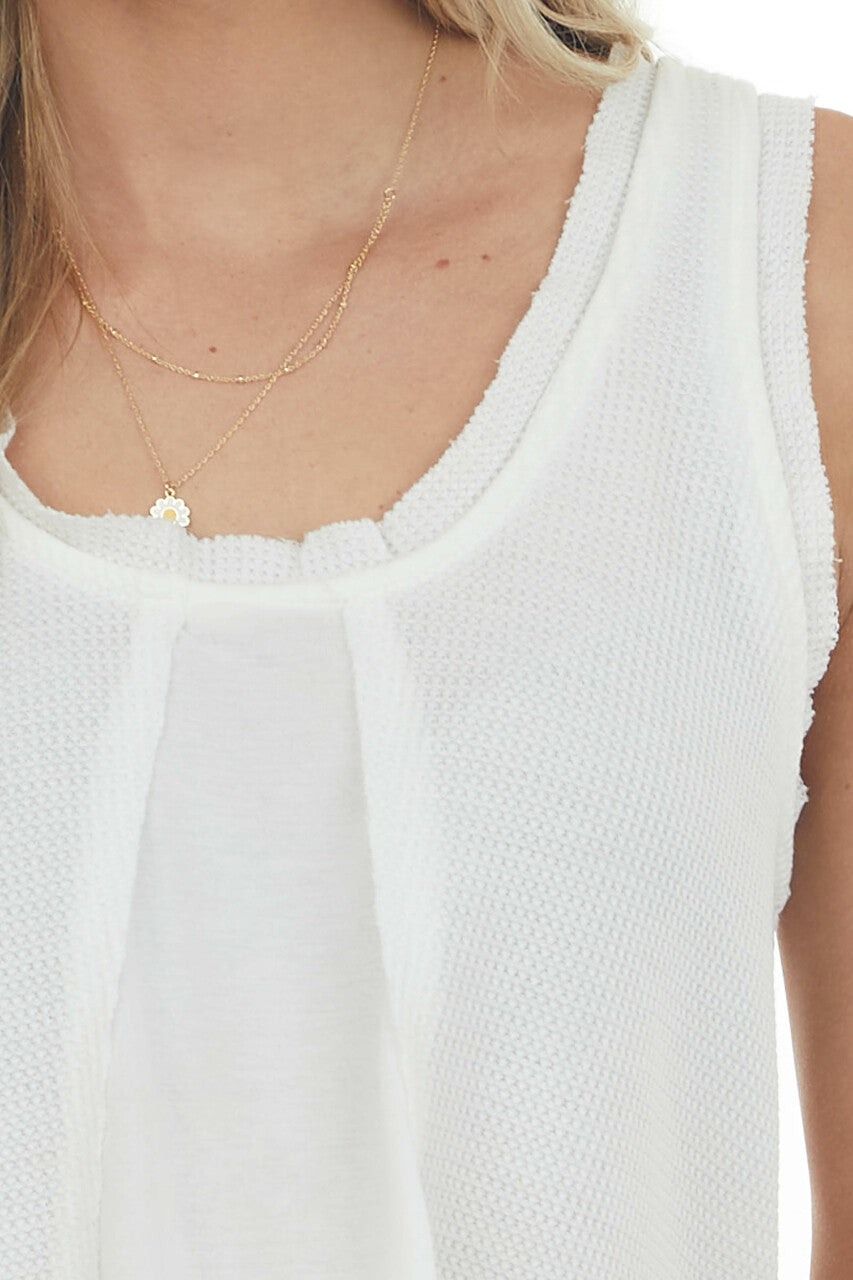 Ivory Waffle Knit Tank Top with Frill Details