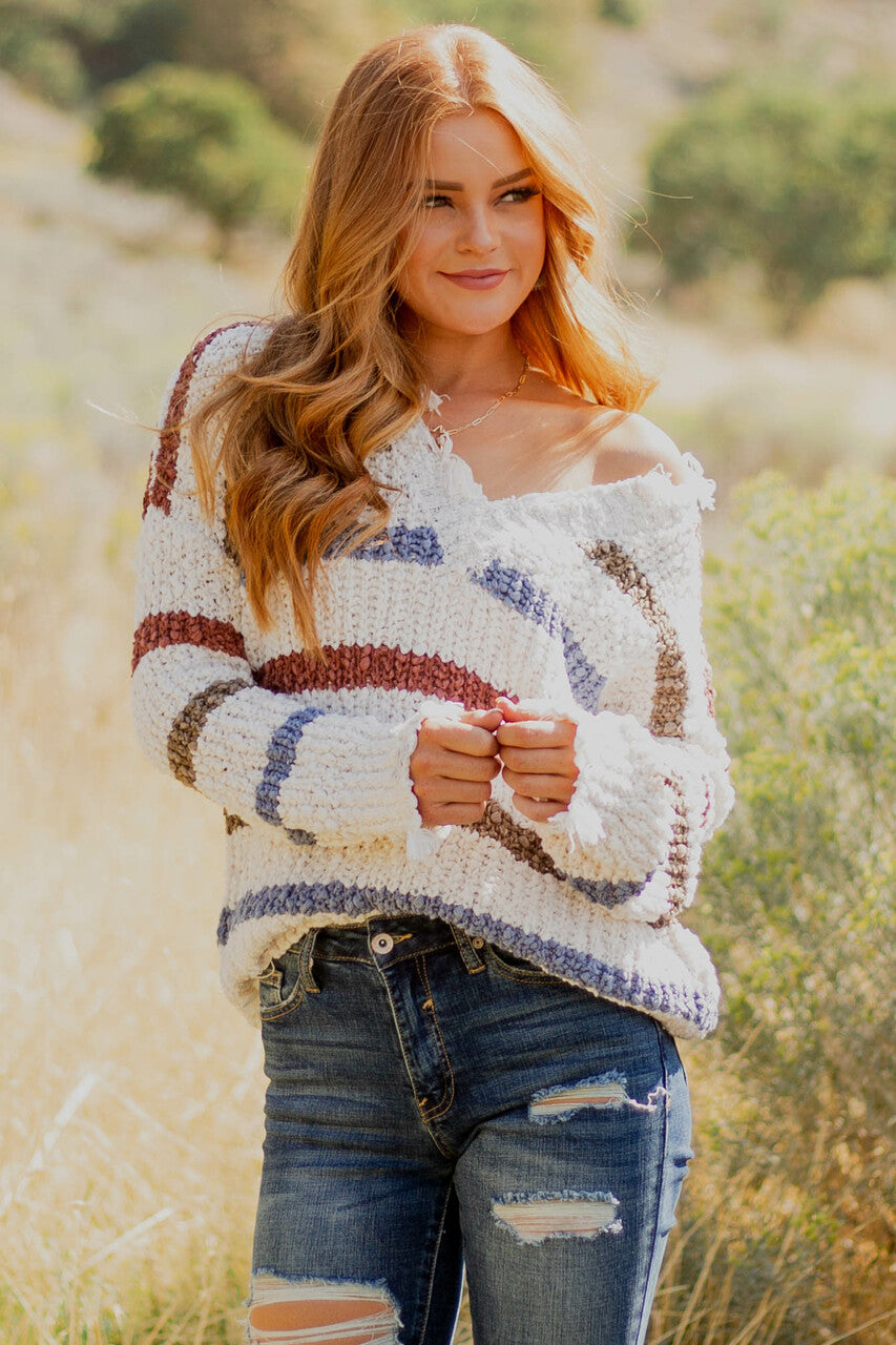 Cream Multicolor Striped Frayed Trim Sweater