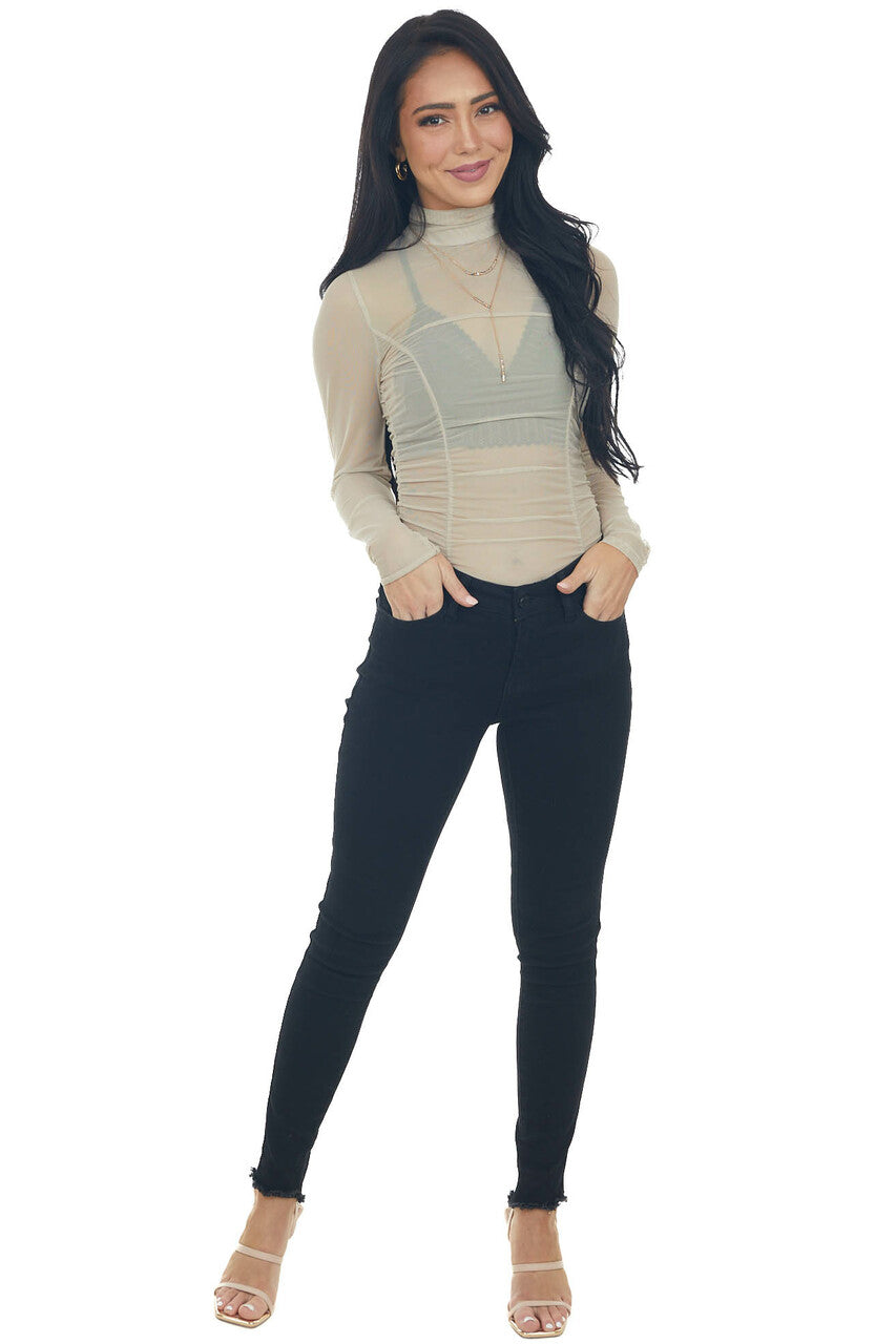 Taupe Long Sleeve Ruched Bodycon Bodysuit