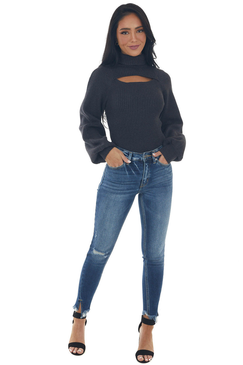 Charcoal Ribbed Cut Out Turtleneck Sweater
